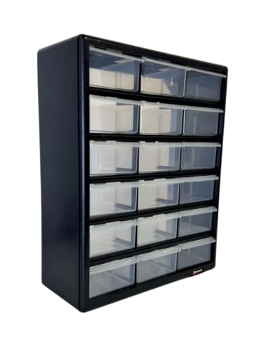 Homak 18-Drawer Parts Organizer (Wall Mountable) - Black with Clear Drawers, HA01018001