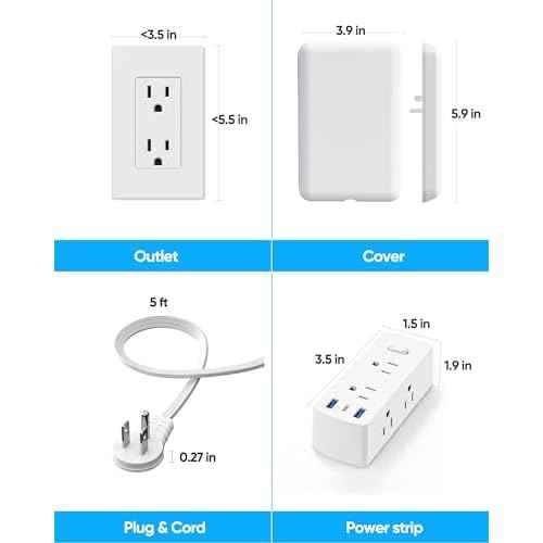 Flat Extension Cord with Outlet Cover, Flat Plug Power Strip with 6 Outlets and 3 USB Ports, 2000 Joules Surge Protector, 5 FT Cord Hidden Outlet Extender for Tight Spaces, White