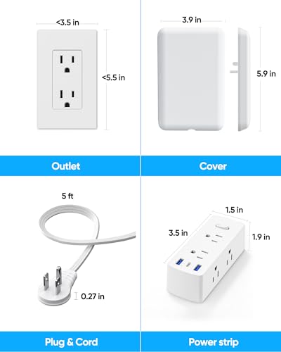 Olcorife 5FT Flat Extension Cord Power Strip with 6 Outlets & 3 USB Ports - Wall Mount, Overload Protection