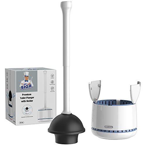 MR.SIGA White Heavy Duty Toilet Plunger with Holder - Space-Saving Bathroom Tool