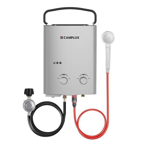 CAMPLUX 1.32 GPM Portable Tankless Propane Water Heater - Gray, Off-Grid & RV Ready, Battery Powered