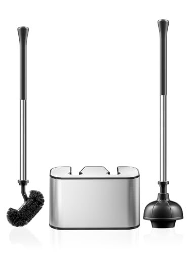 HAMITOR Silver 2-in-1 Toilet Brush and Plunger Set S-Shape - Rustproof Stainless Steel