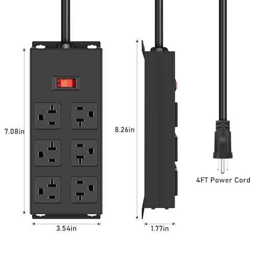 JUNNUJ 20 Amp Power Strip Heavy Duty 2 Pack, Garage 6 Outlets Metal 12 Gauge Surge Protector 3000J, High Amp 5-15P Adapter Shop 6-20R T-Slot Industrial (6AC 2-Pack, 4FT)