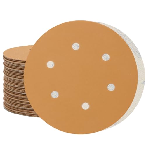 50 PCS 6 Inch Sanding Discs Hook and Loop 320 Grit, 6 Hole Sand Paper Disc for Random Orbital Sander, Gold Random Orbital Sandpaper Pads