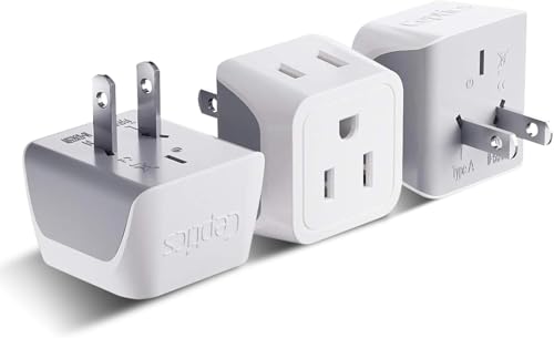 Ceptics Japan & Philippines Travel Adapter Plug - White Gray 3 Pack, US 3-Pin to 2-Prong, Compact, Dual Input