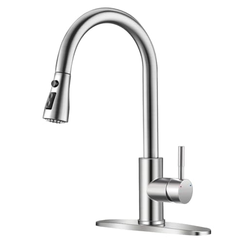 OWOFAN Classic Brushed Nickel Kitchen Faucet with Pull-Down Sprayer, 1-Hole Deck Mount, Stainless Steel