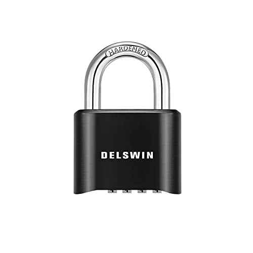 DELSWIN 4-Digit Combination Lock Outdoor Padlock - Heavy Duty Locker Lock with Hardened Steel Shackle, Waterproof Combo Lock for Gym Locker, Hasp Storage, Shed, Fence, Gate (Black,1Pcs)