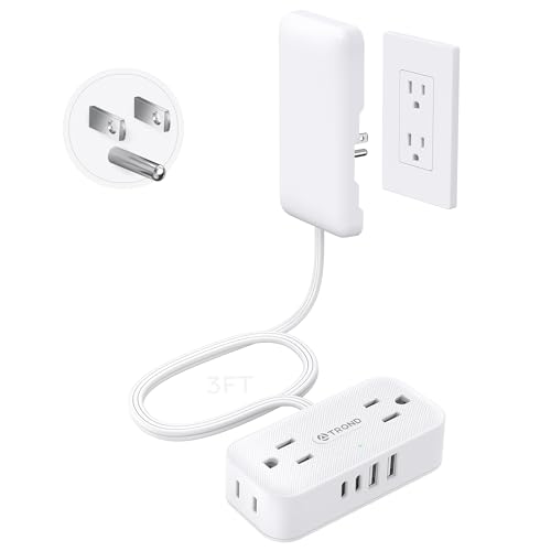 TROND 3ft Flat Extension Cord with Ultra-Thin Outlet Cover, 1250W, White - Includes Wall Mounting