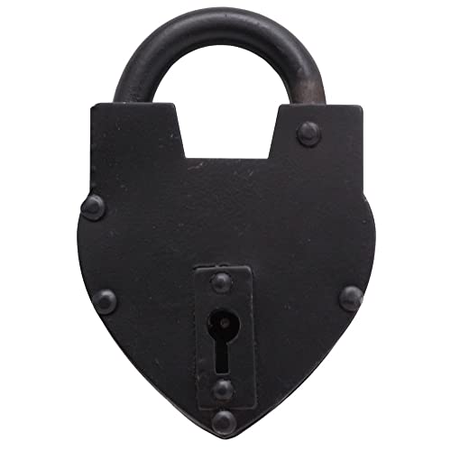 Vintage Style Lock/Antique Reproduction Heart Padlock with Two Skelton Keys/Black Powder Coted Hand Forged Padlock for Old Trunk, Wine Rack, Shade, Barn, Gate