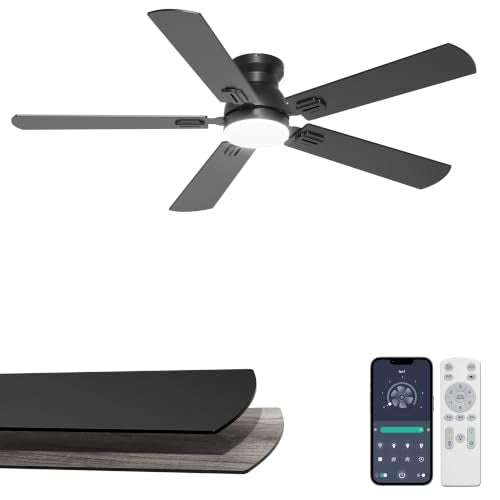 Phylluz 52-Inch Black Flush Mount Ceiling Fan with Lights for Bedroom
