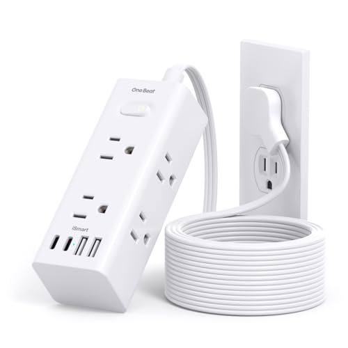 10Ft Flat Extension Cord Power Strip with Multiple Outlets & USB - White
