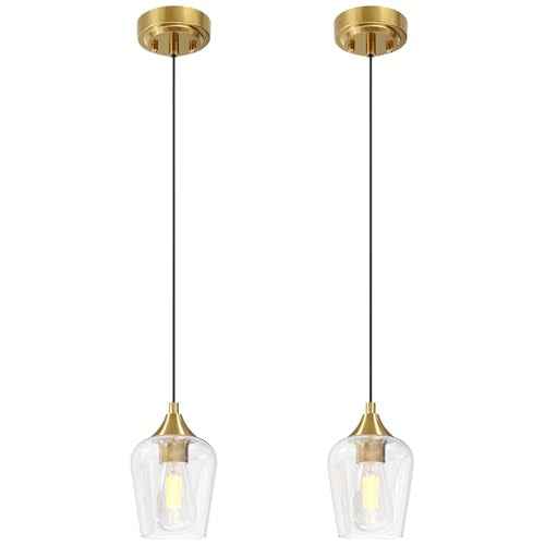 VONLUCE Pendant Lights Kitchen Island, Brushed Gold Pendant Light Fixtures with E26 Base & Adjustable Cable, Modern Pendant Lighting with Glass Shade for Living Room Bedroom Hallway, 2 Packs