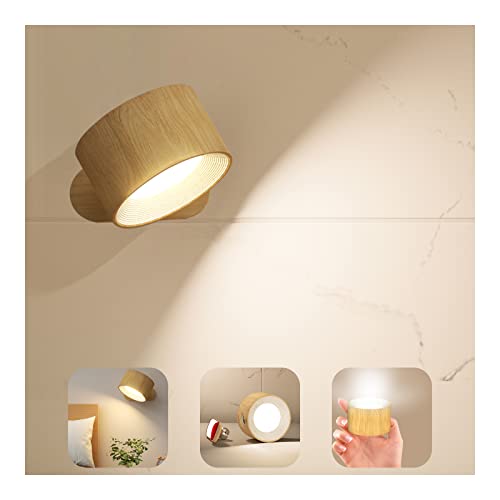 Koopala Wood-A Rechargeable LED Wall Sconce with Magnetic 360° Rotation - Cordless Bedside Reading Light, 3 Color Temperatures & Brightness Levels