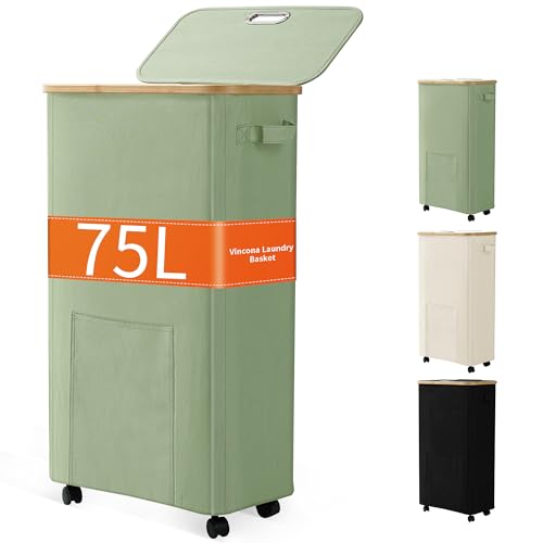 Vincona 75L Sage Green Laundry Basket with Wheels and Lid - Tall Rolling Hamper