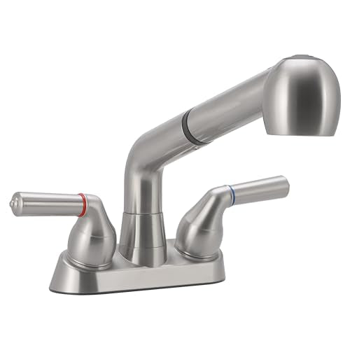 Awelife Brushed Nickel Utility Sink Faucet with Pull Out Sprayer, 4 Inch Centerset, 3-Hole Installation