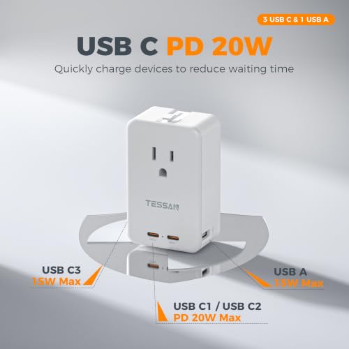 TESSAN Travel Adapter PD 20W - Grey, Universal Power Adapter with 3 USB C & 1 USB A