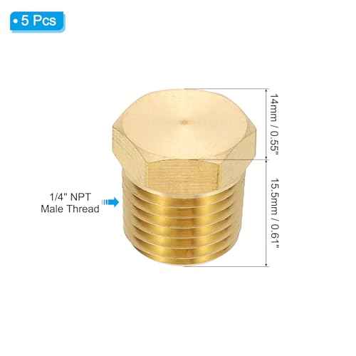 PATIKIL 1/4" NPT Male Brass Pipe Plug Fitting, 5Pcs Outer Hex Thread Socket Plug Ends Sealing Tubing Fitting for Refrigeration, Water, Air, Oil, Gas Line