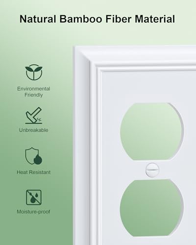6-Pack Natural Bamboo Duplex Outlet Cover Plate White - Durable Wall Plates