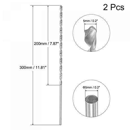 uxcell HSS(High Speed Steel) Extra Long Twist Drill Bits, 5mm Drill Diameter 300mm Length for Hardened Metal Woodwork Plastic Aluminum Alloy 2 Pcs