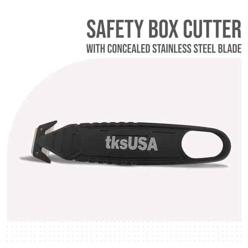 Safety Box Cutter. tksUSA here, your Cutter Stainless, Steel Package Opener. Pack Safety Knife Package Box Opener with Ergonomic Film Cutting Blade for Box, Carton, Shrink Wrap, Plastic Straps