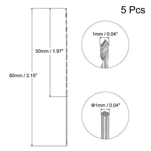 uxcell 5 Pcs 1mm Mini Micro Twist Drill Bits, High-Speed Steel Straight Shank Extra Long Drill Bit 80mm for Aluminum Alloy