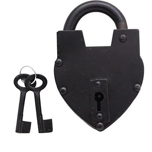 Vintage Style Lock/Antique Reproduction Heart Padlock with Two Skelton Keys/Black Powder Coted Hand Forged Padlock for Old Trunk, Wine Rack, Shade, Barn, Gate