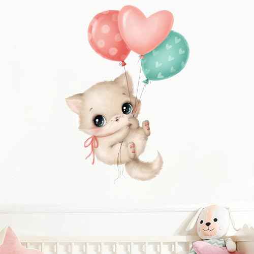 Cute Kitten Colorful Balloons Wall Stickers, sacinora Cat Cartoon Animal Wall Decals Removable Vinyl Peel and Stick for Kids Baby Nursery Bedroom Playroom Kindergarten Art Decorations