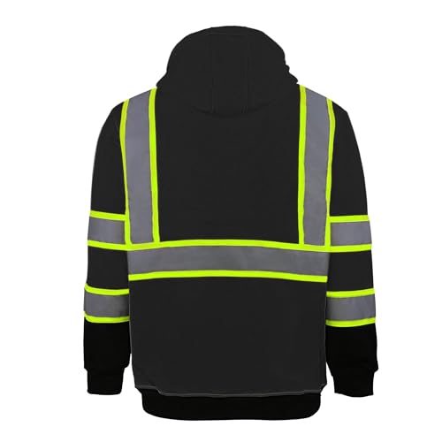 Hi Vis Safety Hoodie for Men ANSI Class 3, Reflective Jacket Zip Hoodie with Black Bottom for Construction Work