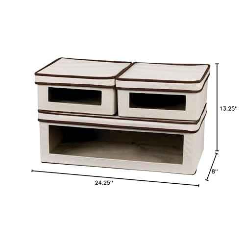 Household Essentials 510-3 Vision Storage Boxes with Lids | 3 Piece Set | Natural Canvas with Brown Trim