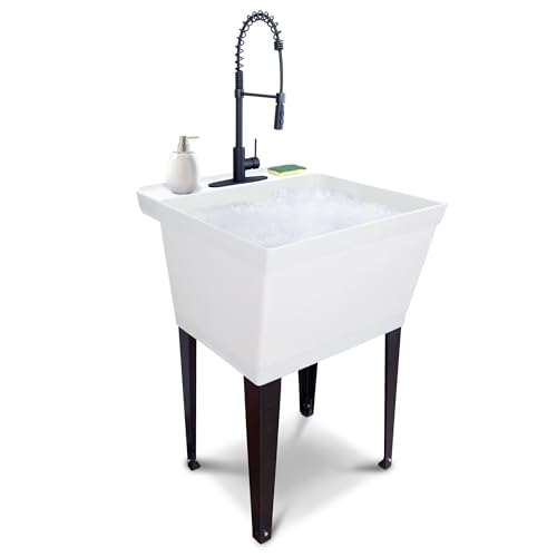 White Utility Sink with Black Pull-Down Faucet Extra Deep Laundry Tub Freestanding