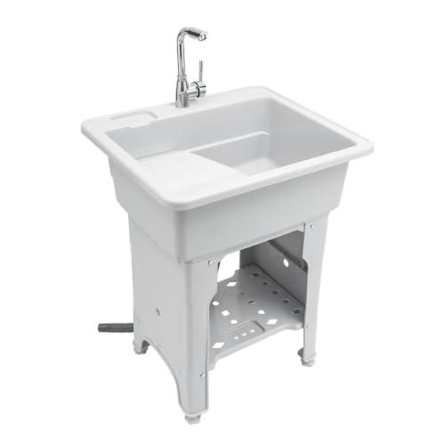 Portable Laundry Sink 21 Inch with Washboard & Hot/Cold Faucet, Heavy Duty 441 lbs Capacity