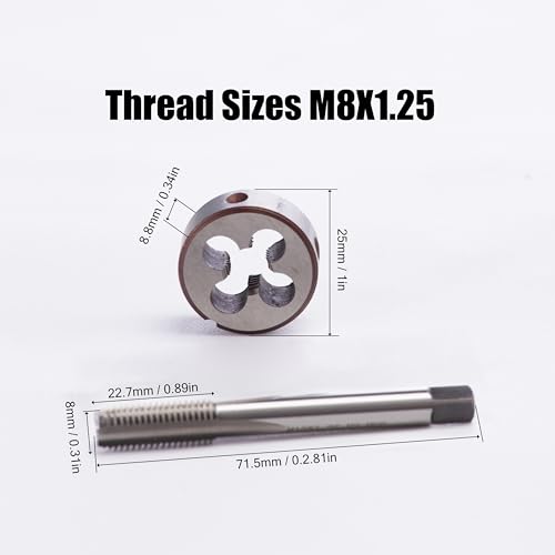 M8 x 1.25mm Metric Tap and Die Set, M8 x 1.25mm High-Speed Steel Machine Round Tap Die Set, Right Hand Thread Tap and Round Thread Die Tool
