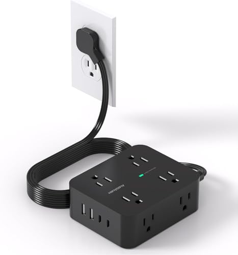 HANYCONY 5Ft Flat Power Strip Surge Protector with 12 Outlets & USB C
