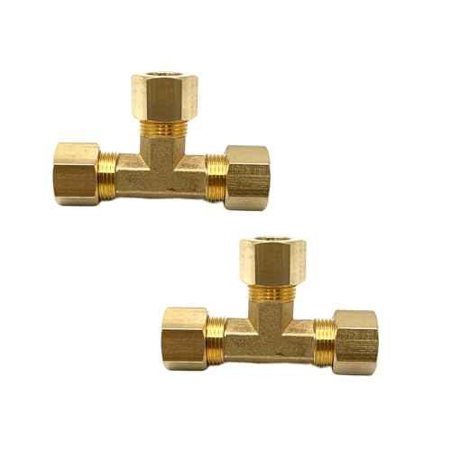 2 Pcs 3/8" Compression Tee, 3/8" OD x 3/8" OD x 3/8" OD Copper Tubing Fittings 90 Degree Brass T Tube Fitting for Gas Line, Oil Pressure Gauges and Air Compressor
