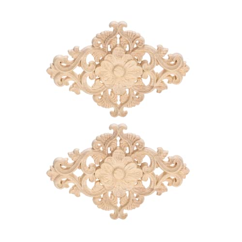 Wood Carved Appliques, 2Pcs Wooden Decorative Onlays, MUXSAM Unpainted Furniture Center Decals for Cabinet Dresser Bed Door Wall Wardrobe Ceiling Decoration Home DIY Project, 15x10.5cm/5.9"x4.13"