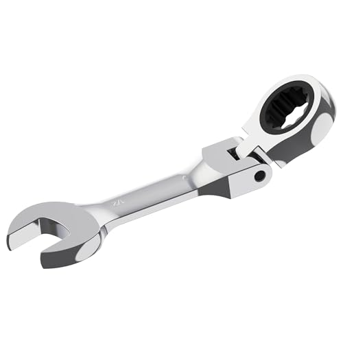 1/2 Inch Anti-slip Stubby Flex-Head Ratcheting Combination Wrench SAE 72 Teeth 12 Point Ratchet Box Ended and Open End Spanner Tools, Flexible Head Gear Wrench, Heat-Treated CR-V