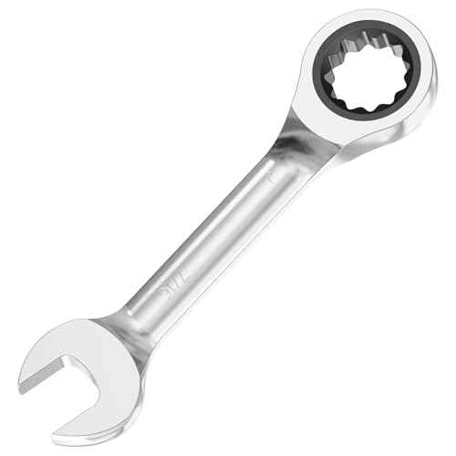 7/16 Inch Anti-slip Stubby Ratcheting Combination Wrench SAE 72 Teeth 12 Point Ratchet Box Ended and Open End Spanner Tools for Tight Space, Heat-Treated CR-V