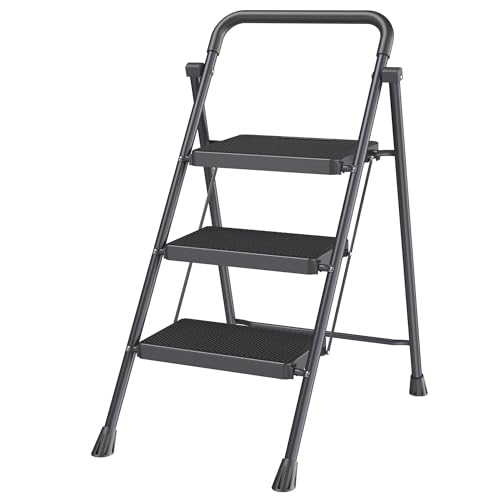 Black 3 Step Stool Foldable ? Heavy-Duty Foldable Step Stool for Adults, 500 lbs Capacity, Anti-Slip Feet & Wide Steps, Sturdy Steel Frame, Lightweight & Space-Saving Design for Home, Kitchen & Garage
