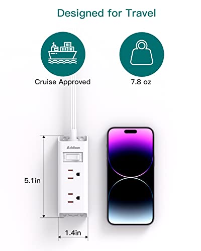 Addtam White 5 Ft Flat Plug Extension Cord with 6 Outlets - Cruise Travel Power Strip