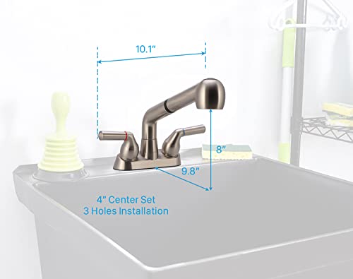 Awelife Brushed Nickel Utility Sink Faucet with Pull Out Sprayer, 4 Inch Centerset, 3-Hole Installation