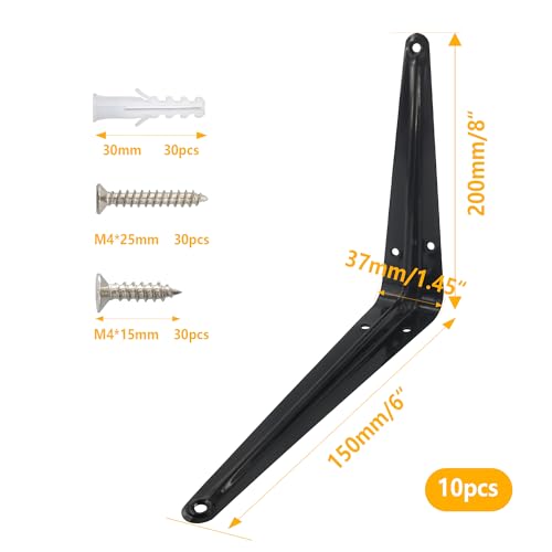 Lilaly 10 Pack Black 6x8 Inch Heavy Duty Shelf Brackets for Wall Shelves
