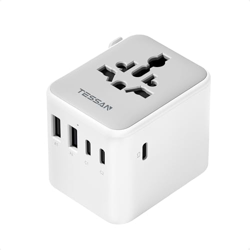 TESSAN Grey White Universal Travel Adapter 28W with USB-C & USB Ports