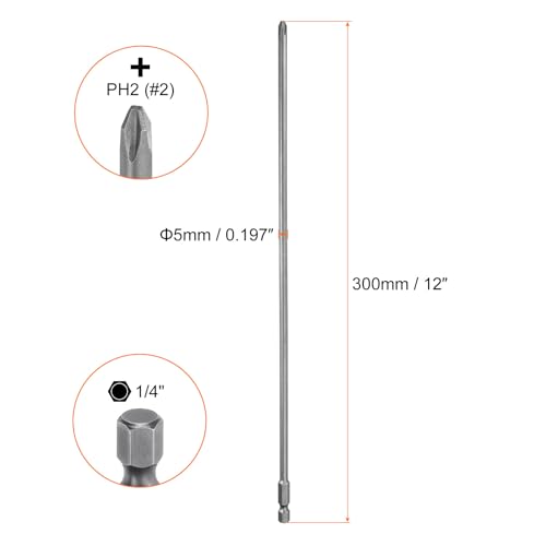 HARFINGTON 2pcs #2 Phillips Screwdriver Bit PH2 1/4" Hex Shank 12" (300mm) Long Magnetic S2 Steel Industrial Grade Screw Driver Bit Cross Head Electric Drill Bits 0.197" (5mm) Rod