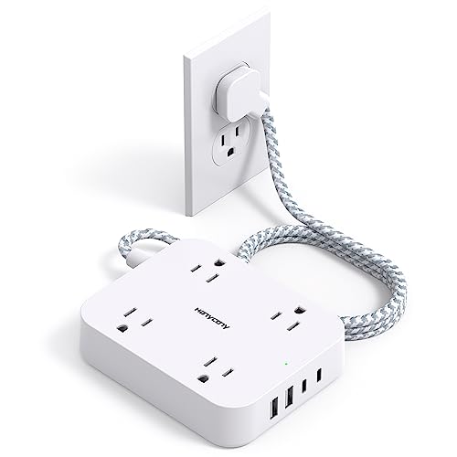 5 Ft White Flat Plug Power Strip with 4 USB Ports & 2 USB-C - Space-Saving Extension Cord