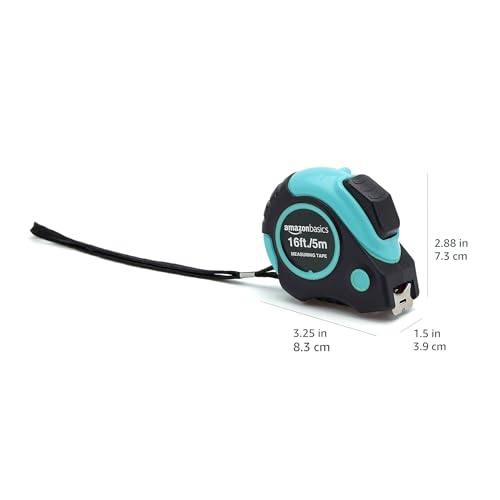 Amazon Basics 16 ft Retractable Tape Measure with Metric & SAE - Turquoise, Model 4.9m