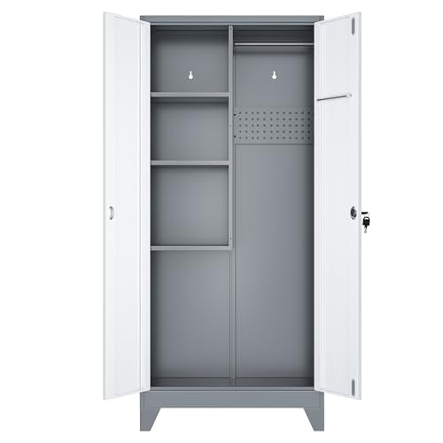 61" Metal Lockable Storage Cabinet with Pegboard & Hanging Rod – White & Gray