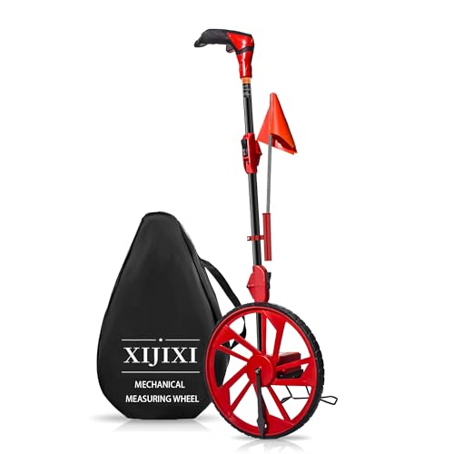 XIJIXI Distance Measuring Wheel 12.5” Dia. Collapsible with One-Key Zero, Red with 10 Flags, Large Plastic