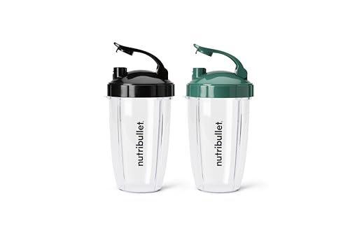 NutriBullet 24 oz To-Go Cups with Black/Green Flip-Top Lids – 2 Pack (Fits Nutribullet Pro 900/Pro+)