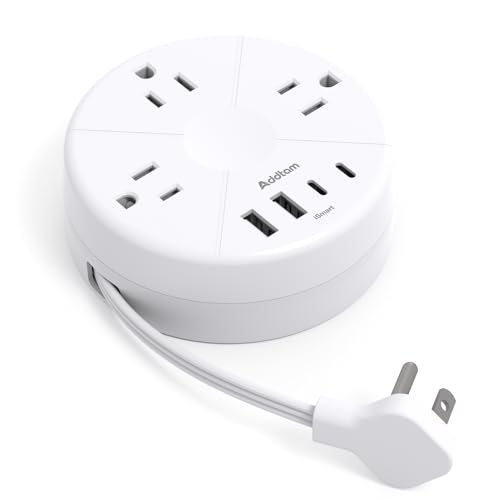 Addtam White Cruise-Approved Power Strip with 5ft Retractable Cord - Travel Essential