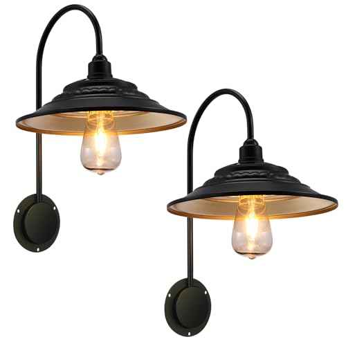Solar Barn Lights for Outside, 2PCS Waterproof Solar Wall Light Fixture, Rustic Vintage Metal Gooseneck Wall Mount Outdoor Lights with Gold Interior, for Outdoor Barn Shed Farmhouse Porch